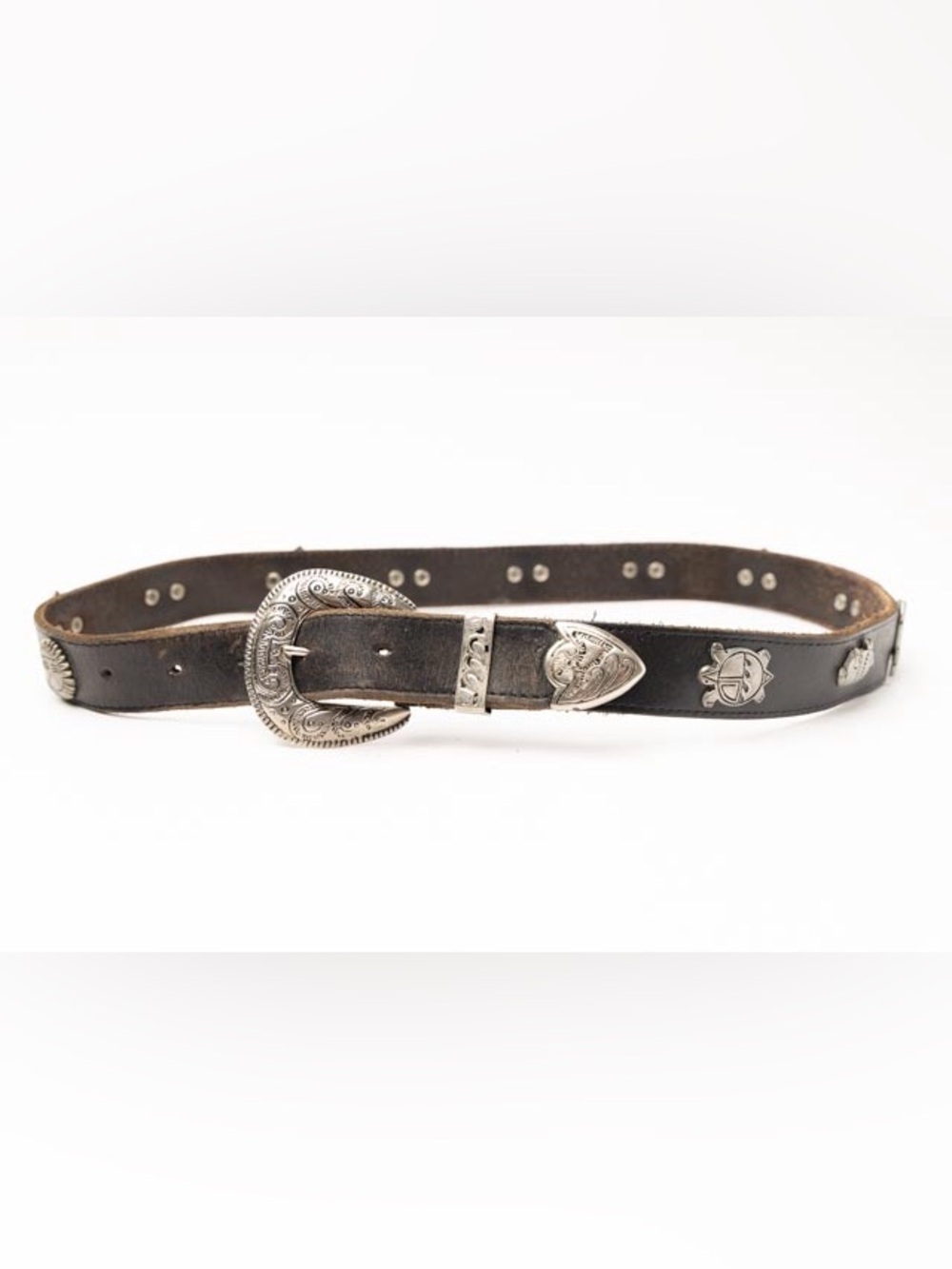 Vintage Southwestern Black Leather Belt with Silver Concho Buckle engraved silve